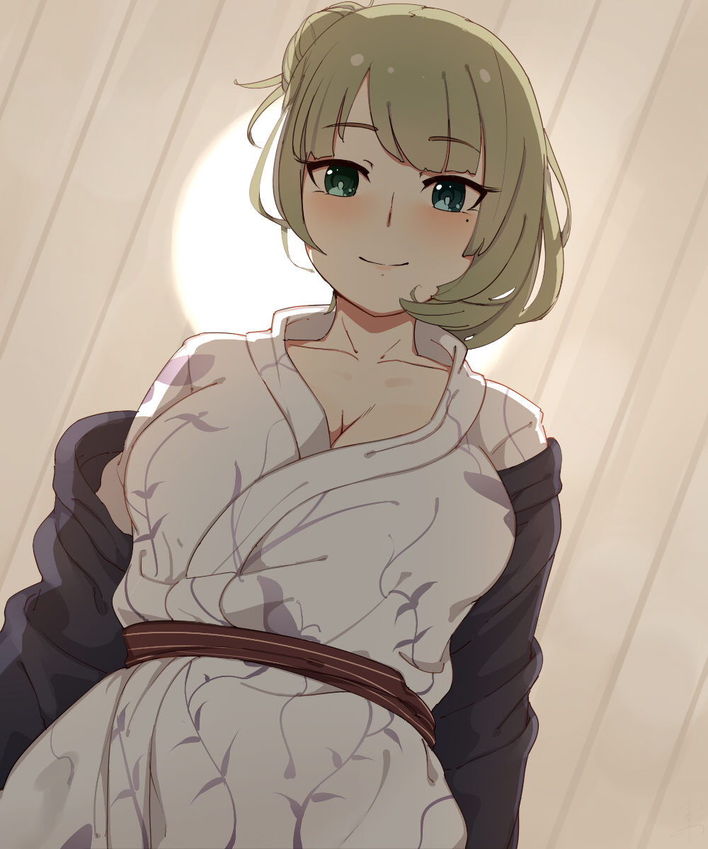 10s 1girl bangs blush breasts ceiling ceiling_light cleavage collarbone commentary_request eyebrows_visible_through_hair floral_print from_ground green_eyes green_hair hair_bun highres idolmaster idolmaster_cinderella_girls idolmaster_cinderella_girls_starlight_stage japanese_clothes kimono large_breasts looking_at_viewer looking_down mole mole_under_eye off_shoulder sente short_hair smile solo takagaki_kaede upper_body yukata