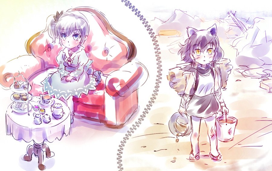 animal_ears blake_belladonna bucket cake cat_ears commentary_request couch food iesupa rubble rwby slippers teapot weiss_schnee younger zipper