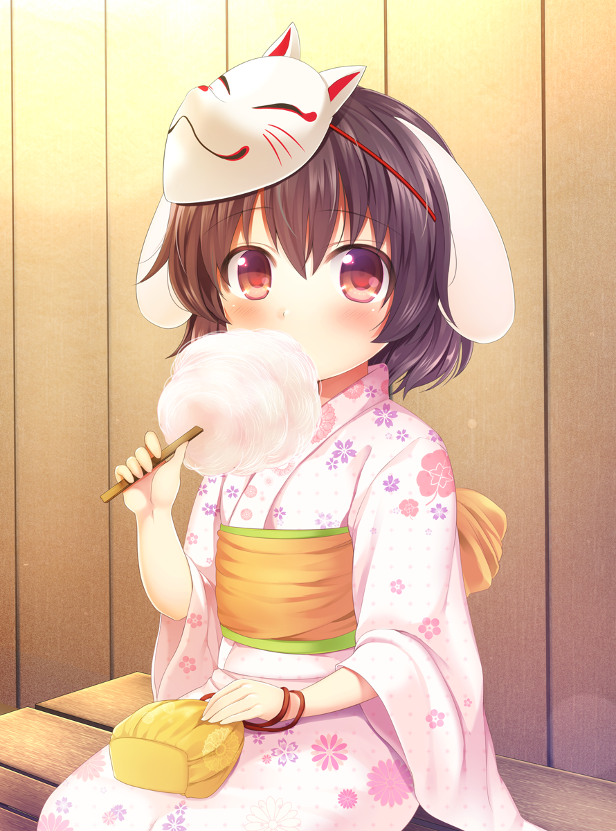 1girl alternate_costume animal_ears bag blush brown_hair cotton_candy floral_print fox_mask handbag highres inaba_tewi japanese_clothes kimono long_sleeves looking_at_viewer mask mask_on_head nnyara obi pink_kimono rabbit_ears red_eyes sash short_hair sitting solo touhou wide_sleeves yukata