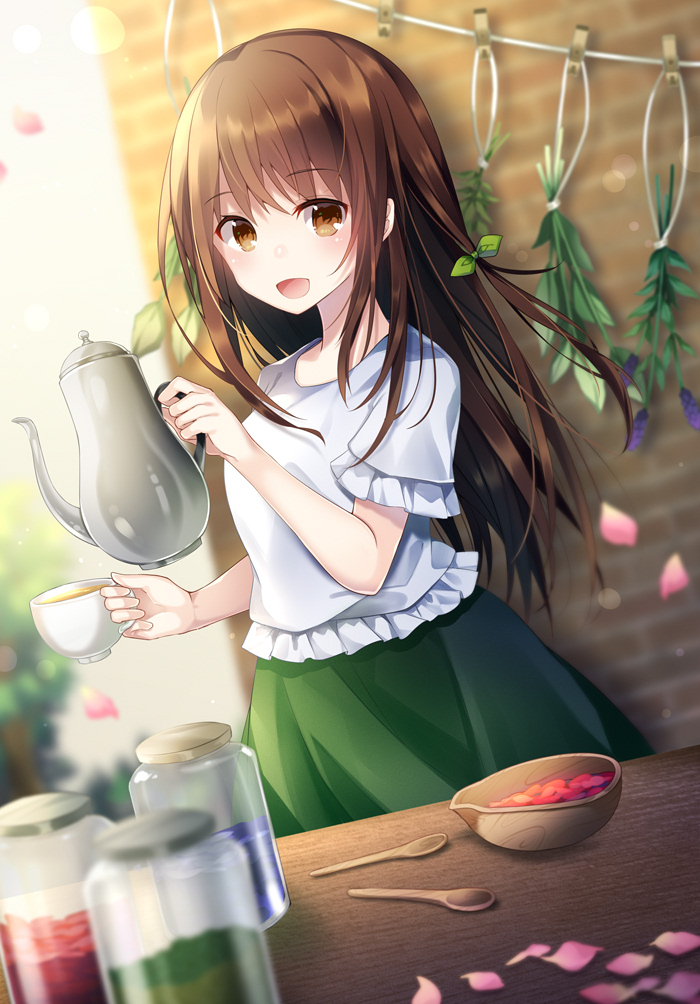 1girl :d bangs bow brown_eyes brown_hair commentary_request cup day eyebrows_visible_through_hair frilled_shirt frilled_sleeves frills green_bow green_skirt hair_bow holding holding_cup indoors kusada_souta long_hair looking_at_viewer open_mouth original petals plant saucer shirt short_sleeves skirt smile solo teacup white_shirt