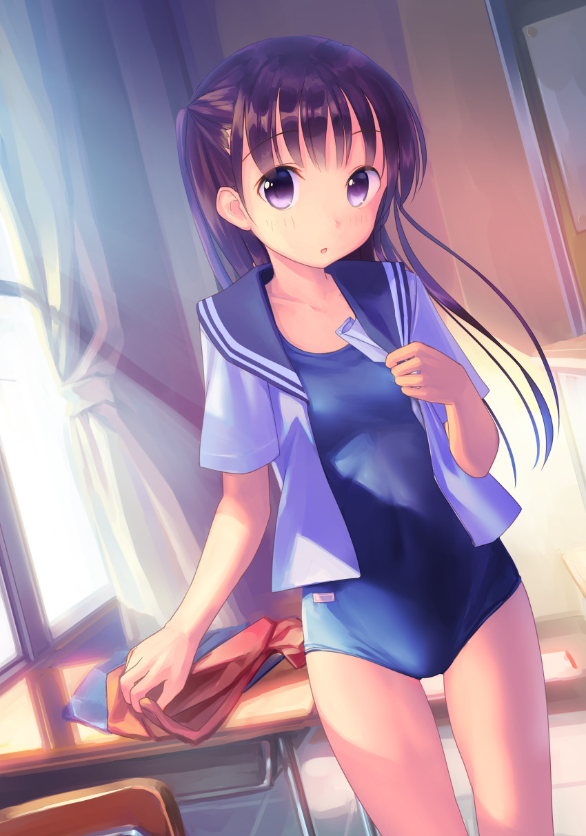 1girl blue_swimsuit blush brown_hair chair classroom commentary_request curtains desk highres indoors long_hair looking_at_viewer new_school_swimsuit no_pants one-piece_swimsuit one_side_up open_mouth original sailor_collar school_desk school_swimsuit school_uniform serafuku solo standing swimsuit swimsuit_under_clothes takoyaki_(roast) undressing violet_eyes window