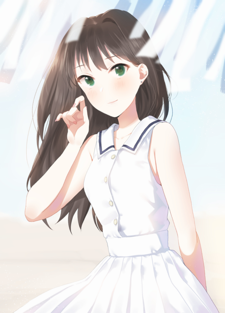 10s 1girl blush breasts brown_hair closed_mouth collarbone eyebrows_visible_through_hair furururu green_eyes idolmaster idolmaster_cinderella_girls long_hair looking_at_viewer medium_breasts shibuya_rin skirt sleeveless smile solo white_skirt