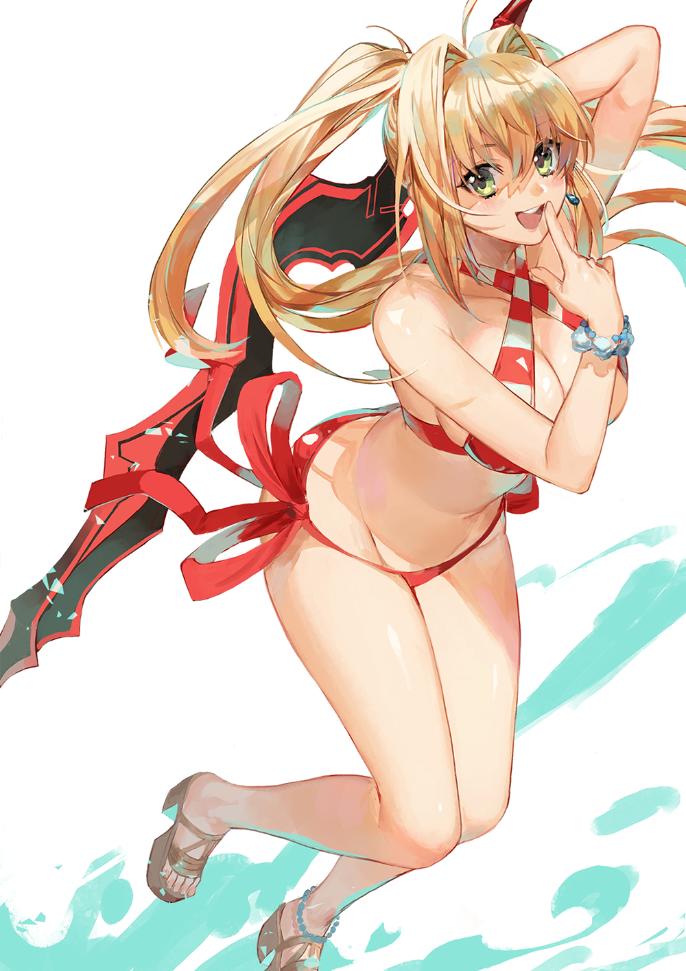 1girl allenkung1 arm_up bikini blonde_hair bracelet breasts fate/grand_order fate_(series) finger_to_mouth green_eyes highres hips jewelry large_breasts leaning_forward long_hair nero_claudius_(swimsuit_caster)_(fate) red_bikini saber_extra side-tie_bikini simple_background solo striped striped_bikini swimsuit sword thighs weapon white_background white_bikini