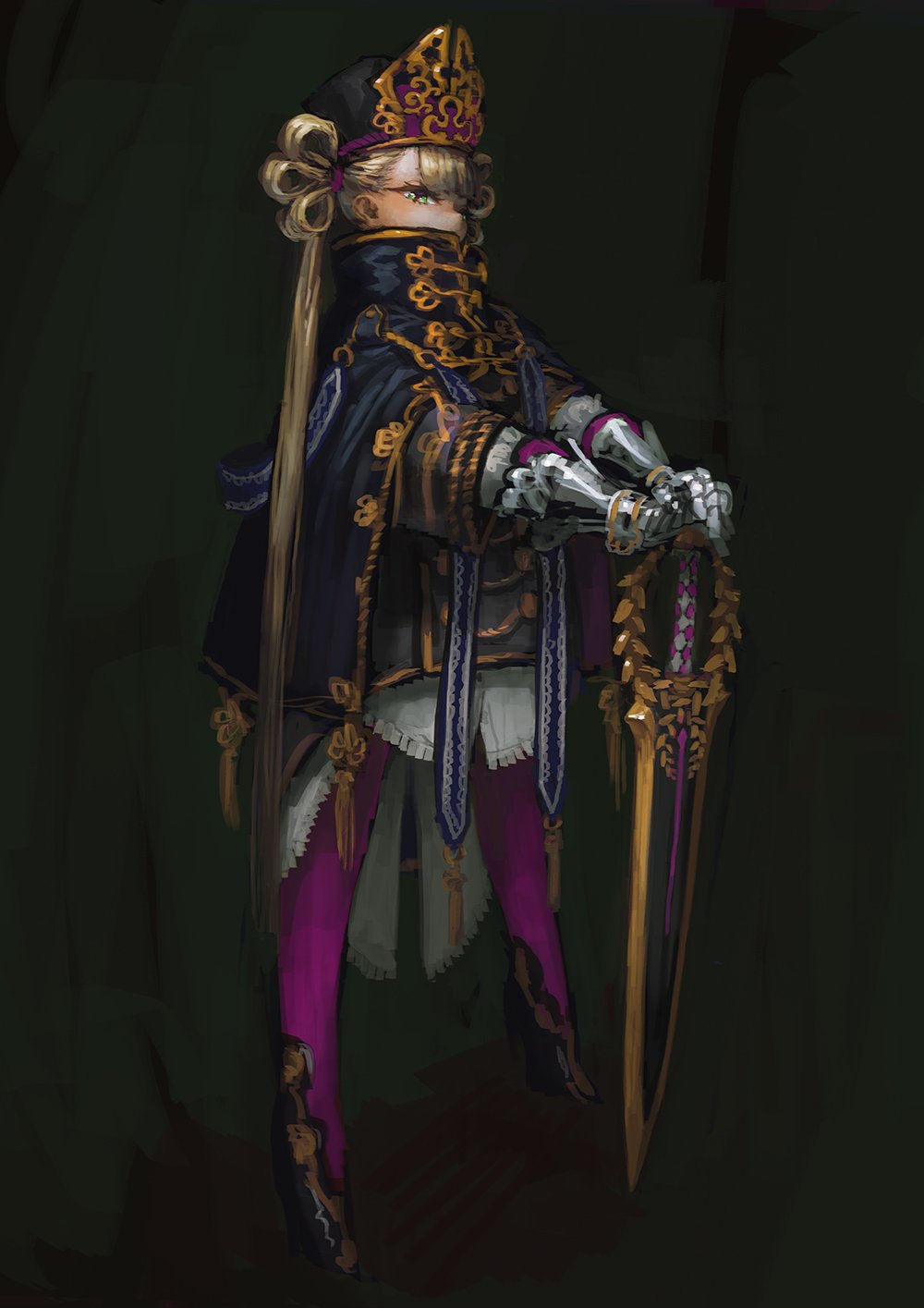 1girl bangs blonde_hair boots cape dark full_body green_eyes high_collar high_heel_boots high_heels highres holding holding_sword holding_weapon jon_taira long_hair looking_at_viewer metal_gloves mitre plate_armor purple_legwear sheath sheathed solo standing sword tiara tied_hair very_long_hair weapon