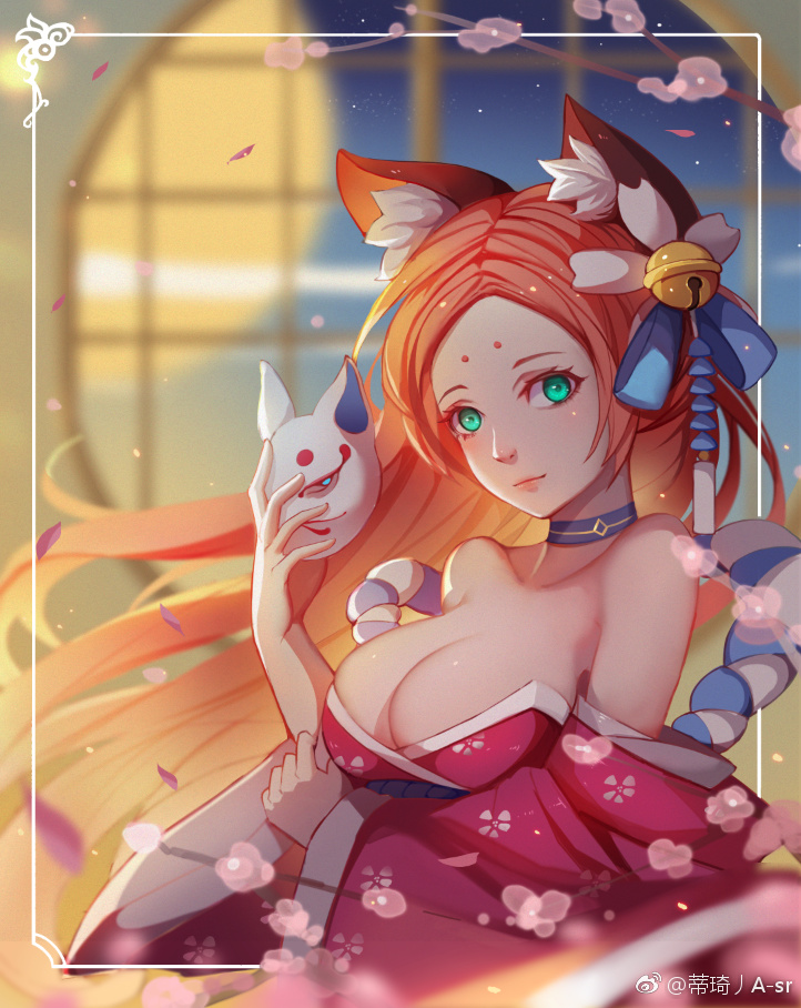 1girl animal_ears artist_name bare_shoulders bell blurry breasts choker cleavage depth_of_field flower fox_ears frame green_eyes hair_flower hair_ornament japanese_clothes jingle_bell kitsune large_breasts liuzexiong long_hair mask mask_removed moon night orange_hair original smile solo upper_body very_long_hair watermark window