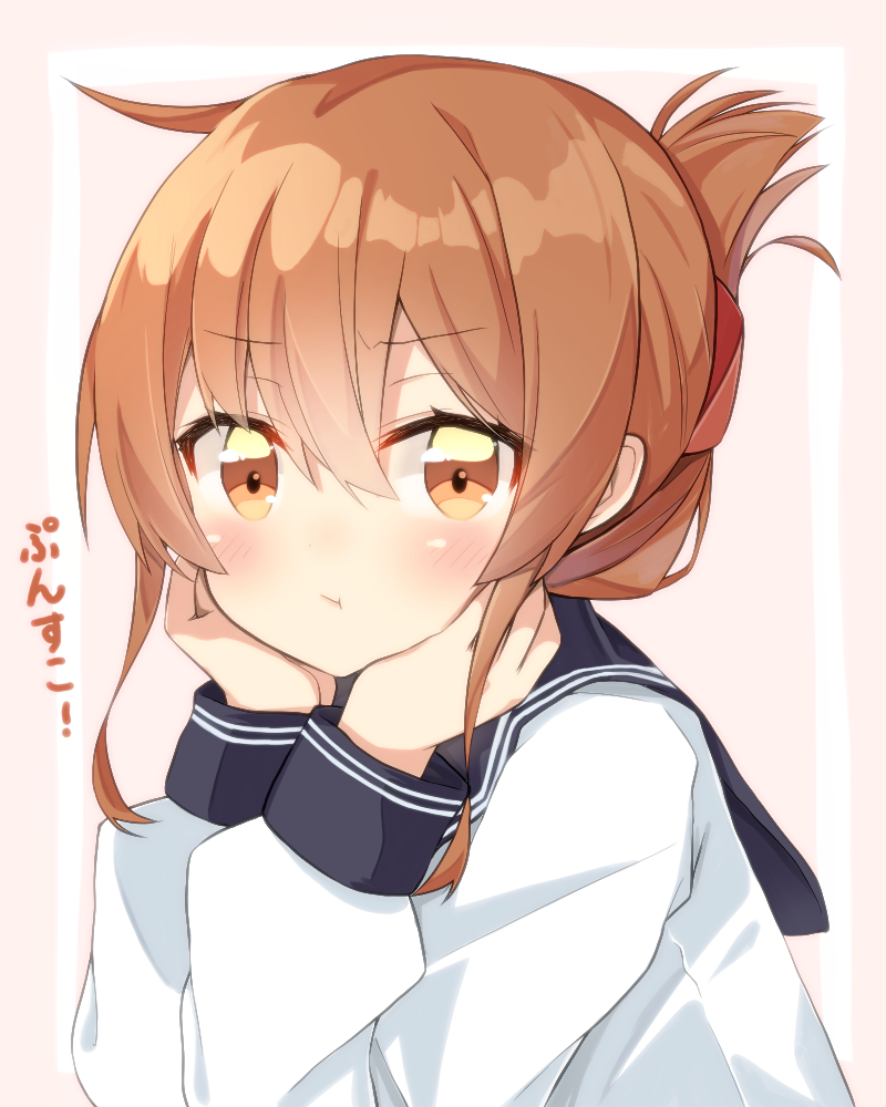 1girl :t blush brown_eyes brown_hair folded_ponytail hands_on_own_cheeks hands_on_own_face inazuma_(kantai_collection) kantai_collection pout rateratte solo_focus