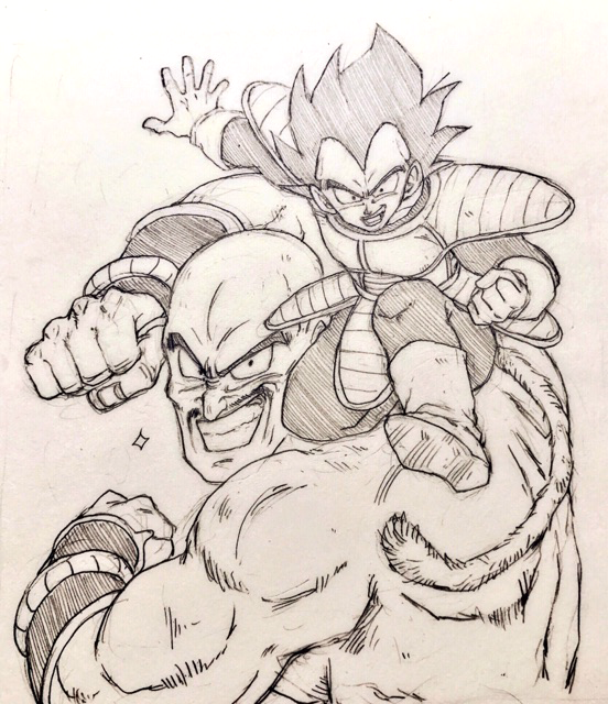 2boys armor bald black_eyes black_hair boots clenched_hands dragon_ball dragonball_z facial_hair frown grin looking_at_viewer male_focus monochrome multiple_boys muscle mustache nappa open_mouth outstretched_hand short_hair simple_background smile sparkle spiky_hair tail tkgsize vegeta wristband