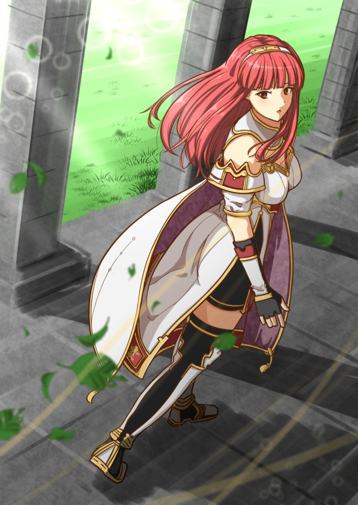 1girl armor boo_cipher breastplate cape celica_(fire_emblem) fingerless_gloves fire_emblem fire_emblem_echoes:_mou_hitori_no_eiyuuou fire_emblem_gaiden gloves leaf leaves_in_wind red_eyes redhead