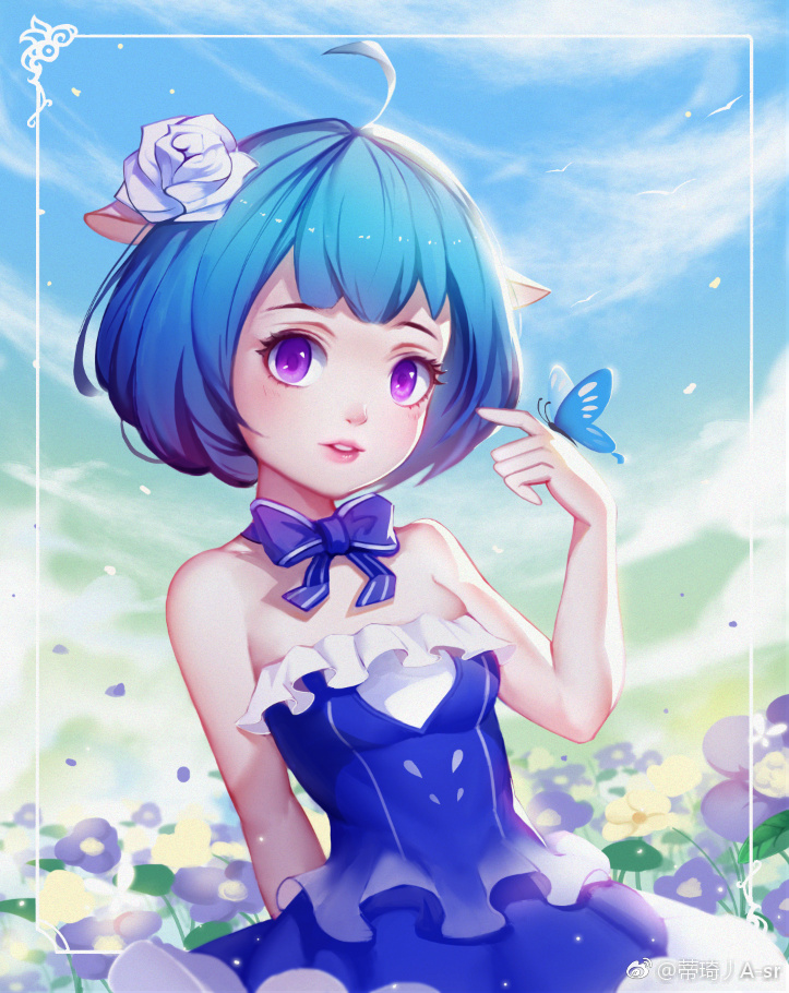 1girl ahoge animal_ears artist_name blue_dress blue_hair blue_rose breasts butterfly butterfly_on_hand choker clouds dress eyebrows eyelashes field flower flower_field frame hair_flower hair_ornament liuzexiong original parted_lips ribbon rose sky small_breasts solo strapless strapless_dress upper_body violet_eyes watermark