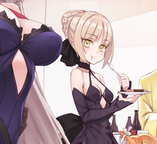2girls alcohol artoria_pendragon_(all) bare_shoulders blonde_hair braid breasts cake cleavage detached_sleeves eating fate/grand_order fate_(series) food fork formal hair_bun hair_ribbon jeanne_alter matsuryuu multiple_girls pale_skin plate ribbon ruler_(fate/apocrypha) saber_alter yellow_eyes
