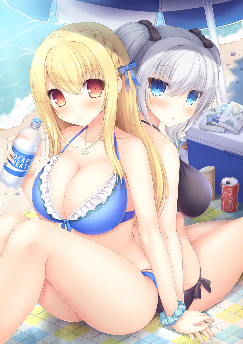 2girls back-to-back bangs beach bikini black_bikini black_bow blonde_hair blue_eyes blush bow braid breasts can cleavage closed_mouth coca-cola collarbone cooler eyebrows_visible_through_hair hair_between_eyes hair_bow hand_holding hand_up highres holding jitome knees_up large_breasts long_hair looking_at_viewer manga_(object) multiple_girls original outdoors parted_lips pocari_sweat red_eyes scrunchie sidelocks silver_hair sitting smile soda_can swimsuit taiki_ken tareme towel tsurime twintails umbrella wrist_scrunchie