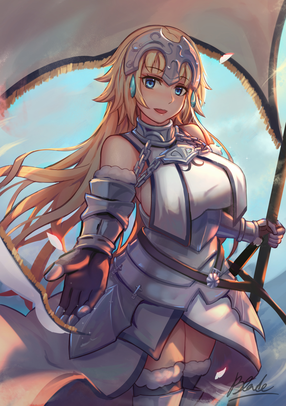 1girl artist_name bare_shoulders blonde_hair blue_eyes blush breasts fate/apocrypha fate_(series) flag gloves highres large_breasts long_hair looking_at_viewer qblade ruler_(fate/apocrypha) signature smile solo thighs