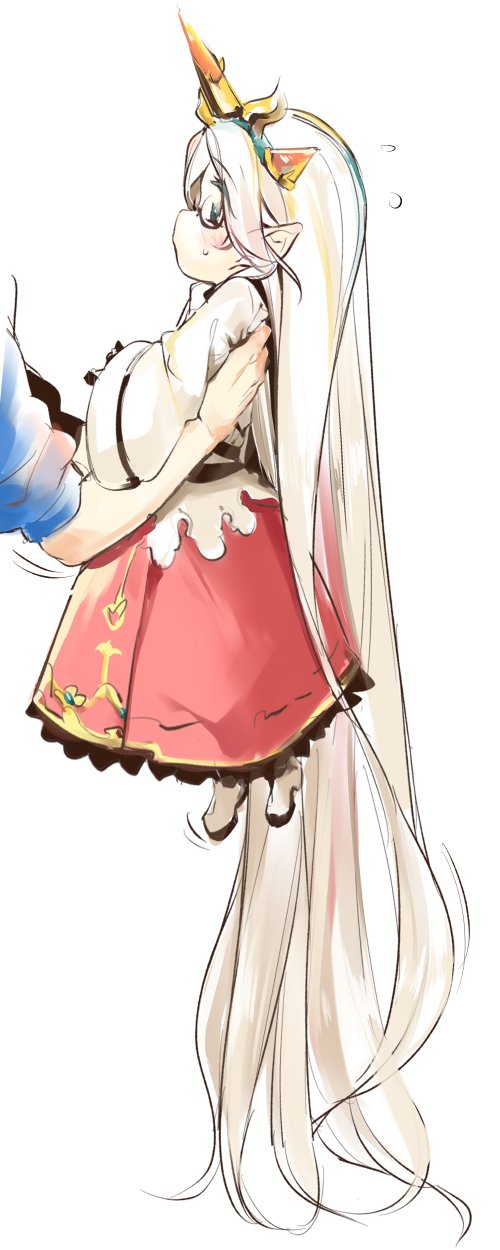 10s 1boy 1girl dress glasses gran_(granblue_fantasy) granblue_fantasy harbin highres lifting_person long_hair pointy_ears size_difference sweatdrop very_long_hair white_hair wide_sleeves zahlhamelina