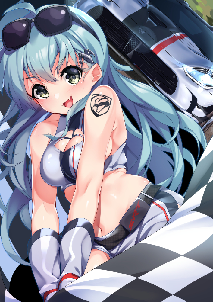1girl bare_shoulders blue_hair blush breasts car character_request checkered checkered_flag cleavage copyright_request eyebrows_visible_through_hair flag gedou_(shigure_seishin) ground_vehicle holding_flag long_hair looking_at_viewer medium_breasts motor_vehicle navel open_mouth smile solo sunglasses sunglasses_on_head yellow_eyes