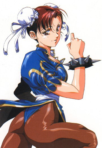 1girl ass bracelet brown_legwear bun_cover china_dress chinese_clothes chun-li double_bun dougi dress jewelry pantyhose pelvic_curtain puffy_sleeves simple_background solo spiked_bracelet spikes street_fighter urushihara_satoshi white_background