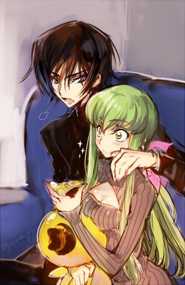1boy 1girl artist_name bangs black_hair blush breasts c.c. cheese-kun cleavage code_geass couch creayus eating eyebrows_visible_through_hair food green_hair hand_on_shoulder hat holding indoors lelouch_lamperouge long_hair long_sleeves open_mouth parted_lips pizza short_hair sidelocks sitting stuffed_toy twitter_username violet_eyes yellow_eyes