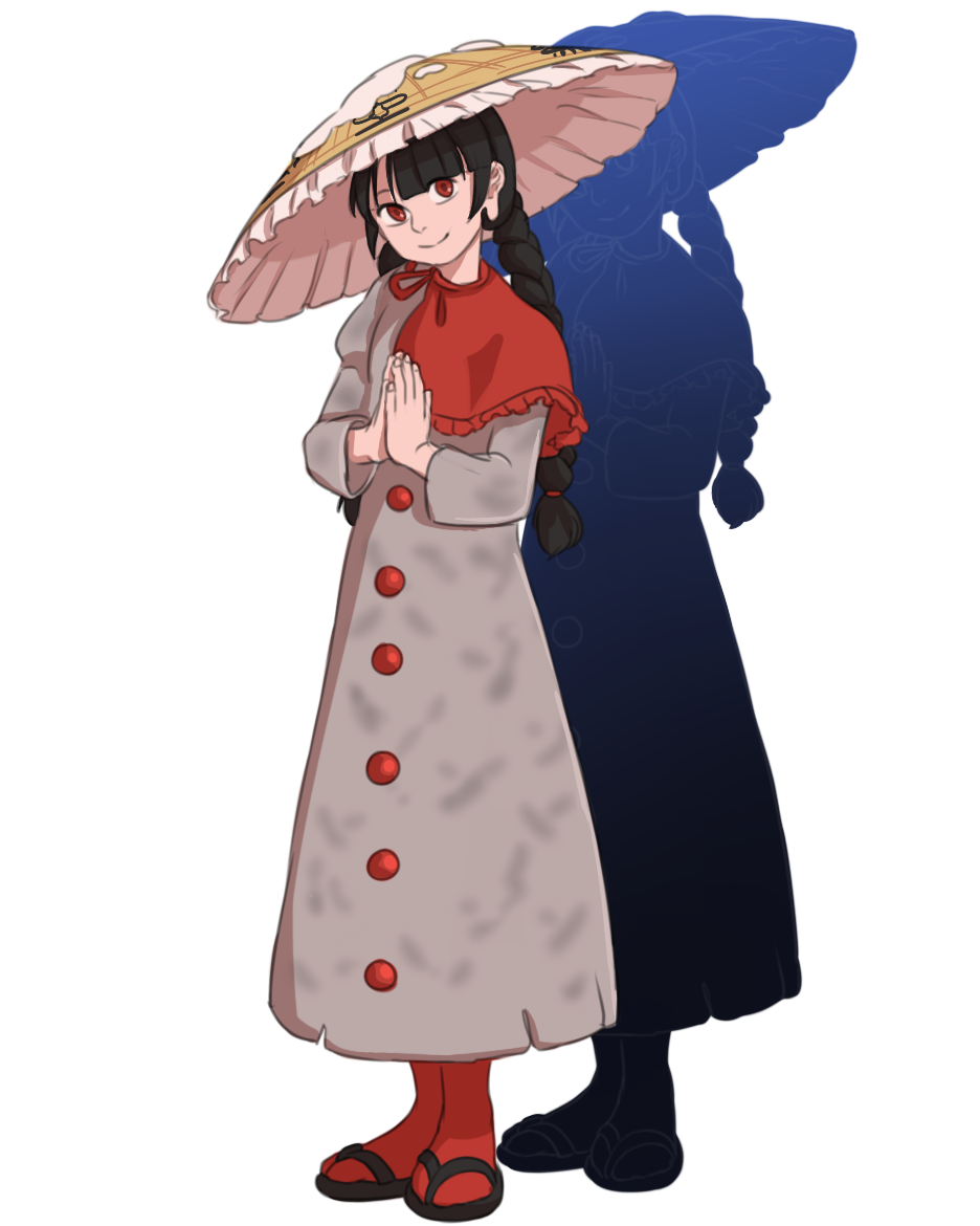 1girl afterimage ajirogasa bad_source black_hair braid buttons cape coat commentary earlobes full_body grey_coat hands_together hat mefomefo red_cape red_eyes red_legwear sandals simple_background smile snow solo standing touhou twin_braids yatadera_narumi