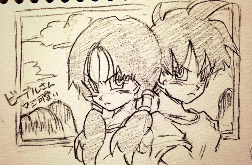 1girl back-to-back clone clouds dragon_ball dragonball_z eyebrows_visible_through_hair frown looking_at_viewer monochrome mountain short_hair simple_background tkgsize translation_request twintails videl
