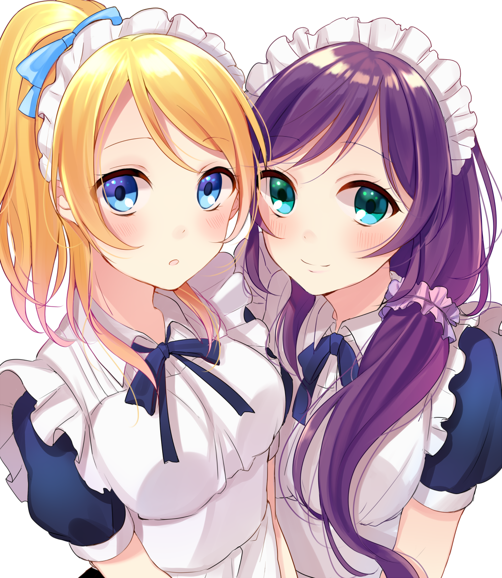 2girls ayase_eli blonde_hair blue_eyes blush breasts closed_mouth dress eyebrows_visible_through_hair green_eyes large_breasts long_hair looking_at_viewer love_live! love_live!_school_idol_project maid maid_headdress multiple_girls parted_lips pinafore_dress purple_hair satoimo_chika short_hair short_ponytail smile toujou_nozomi twintails upper_body