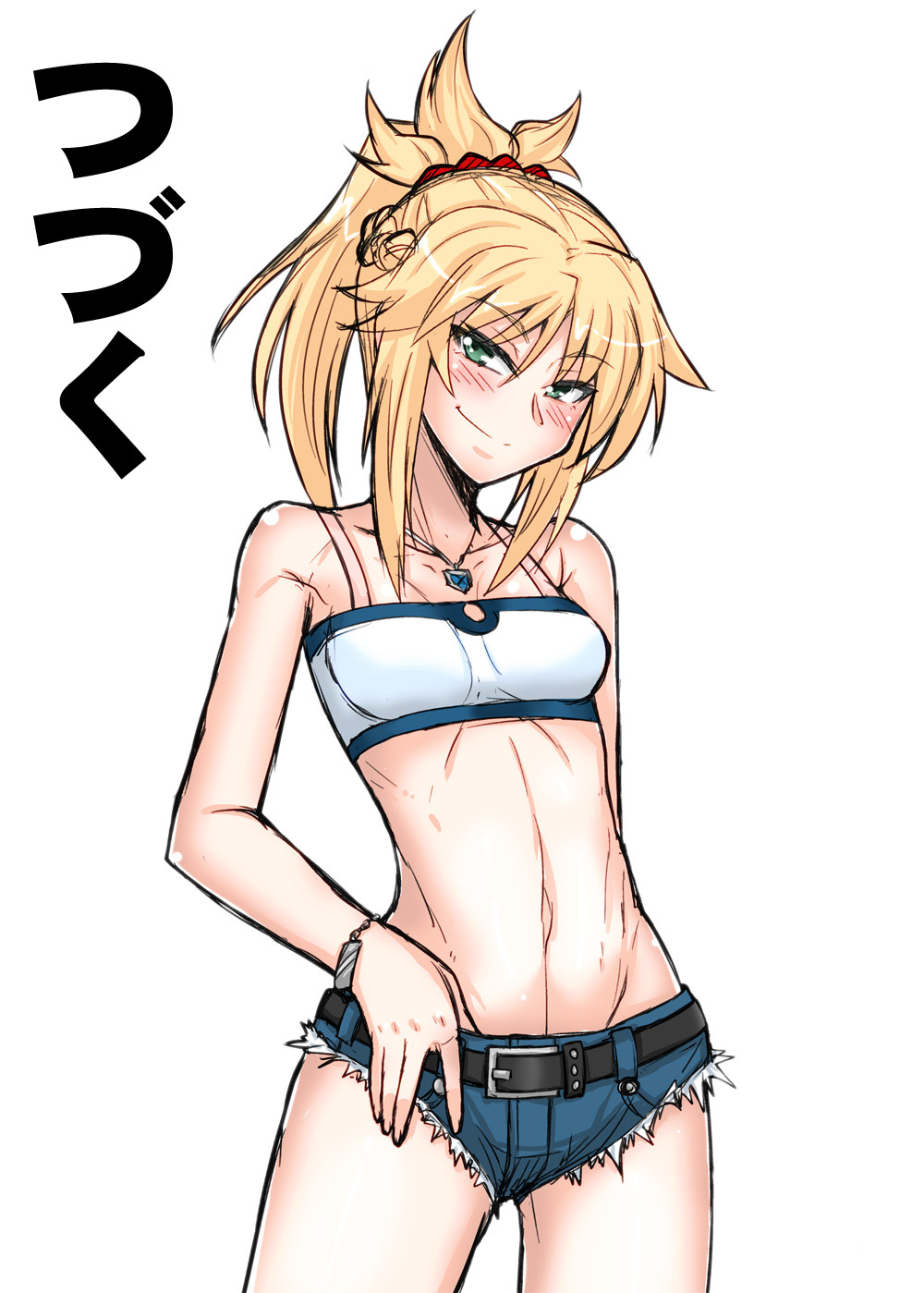 1girl bare_arms bare_shoulders black_belt blonde_hair blush braid camisole comic fate/apocrypha fate/grand_order fate_(series) green_eyes hair_ornament hand_in_pants highres looking_at_viewer mitsurugi_tsurugi ponytail saber_of_red shorts smile solo tagme translation_request