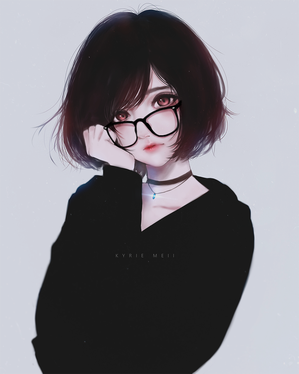 1girl artist_name black-framed_eyewear black_choker black_hair black_shoes bob_cut brown_hair choker commentary gem glasses grey_hair highres jewelry kyrie_meii lips long_sleeves looking_at_viewer necklace original red_lips shoes short_hair simple_background solo upper_body