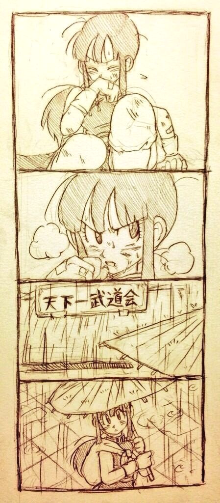 1girl =3 bandaid bandaid_on_face black_eyes black_hair chi-chi_(dragon_ball) chinese_clothes closed_eyes comic dirty dragon_ball eyebrows_visible_through_hair frown long_hair looking_away looking_up monochrome panels ponytail rain silent_comic sweat sweatdrop tkgsize translation_request umbrella wristband