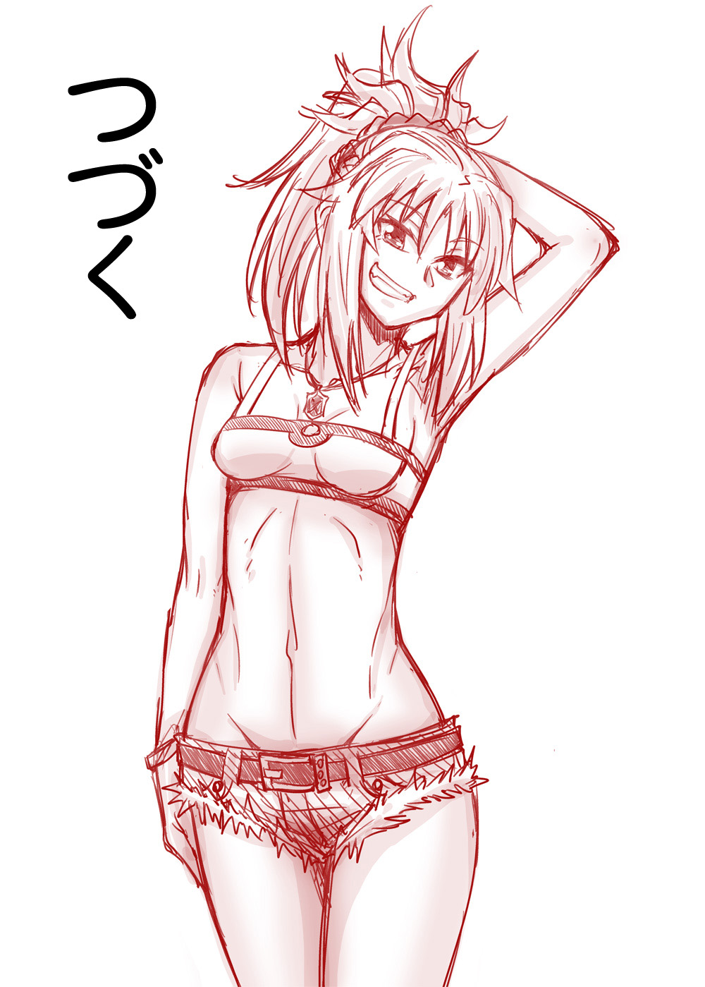 1girl braid camisole comic fate/apocrypha fate/grand_order fate_(series) highres mitsurugi_tsurugi monochrome ponytail saber_of_red shorts tagme translation_request