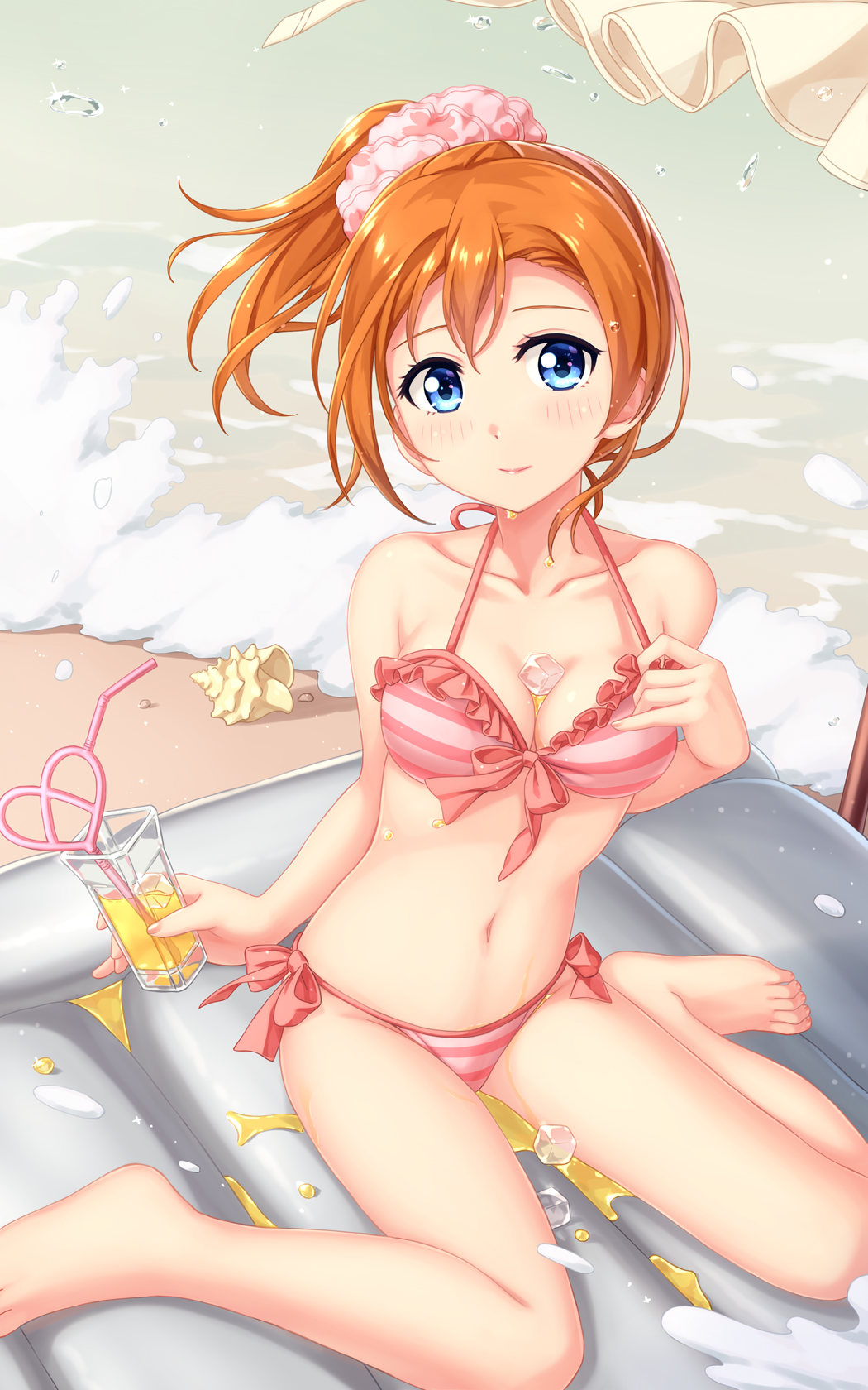 1girl bendy_straw bikini blue_eyes breasts crazy_straw drink drinking_straw front-tie_top highres ice ice_cube inflatable_raft kousaka_honoka looking_at_viewer love_live! love_live!_school_idol_project medium_breasts orange_hair pink_bikini ponytail shell short_hair short_ponytail side-tie_bikini sitting striped striped_bikini swimsuit tucana wariza