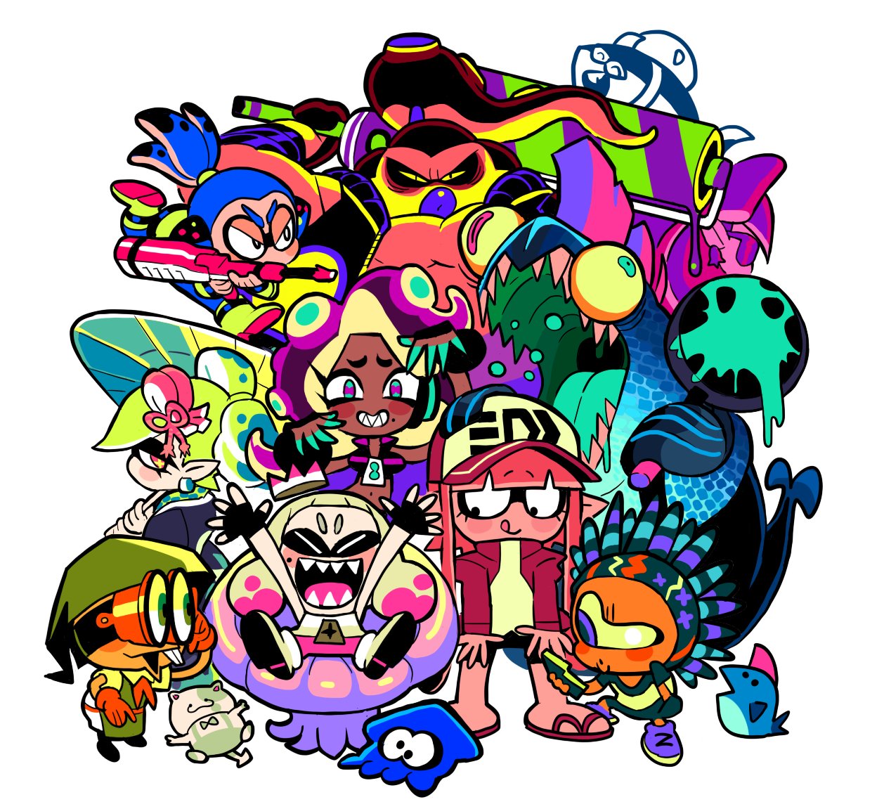 aqua_eyes aqua_nails baseball_cap bike_shorts blue_hair blush_stickers boots buck_teeth callie_(splatoon) carrying cat chair character_request closed_eyes crop_top crown dark_skin domino_mask dress earrings fingerless_gloves frying_pan gashi-gashi gloves green_hair hair_ornament half-closed_eyes hat headphones japanese_clothes jellyfish jewelry kimono looking_at_viewer marie_(splatoon) marina_(splatoon) mask midriff mole mole_under_eye mole_under_mouth multicolored_hair multiple_boys multiple_girls nail_polish navel octarian one-eyed open_mouth pearl_(splatoon) pink_legwear pointy_ears ponytail purple_hair sharp_teeth short_jumpsuit simple_background sitting slippers smile splatoon splatoon_2 squid symbol-shaped_pupils teeth tentacle_hair two-tone_hair umbrella white_background white_boots white_hair zipper_pull_tab