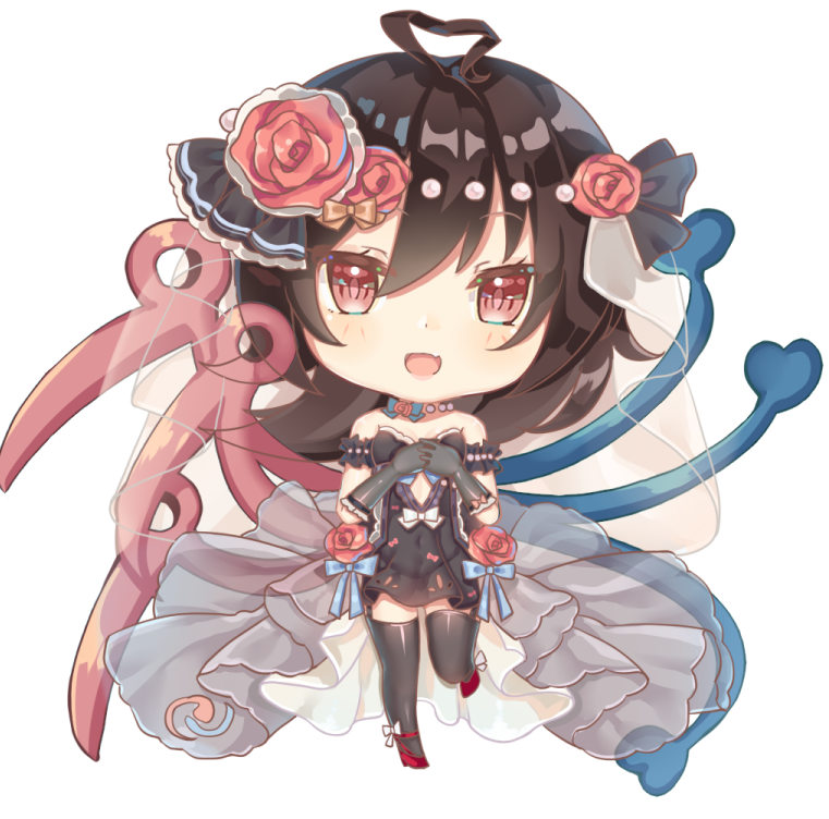 1girl binan_xian_lu black_gloves black_hair black_legwear blush breasts bride chibi cleavage elbow_gloves eyebrows_visible_through_hair flower full_body gloves hair_flower hair_ornament high_heels houjuu_nue large_breasts looking_at_viewer navel parted_lips red_eyes short_hair smile solo thigh-highs touhou