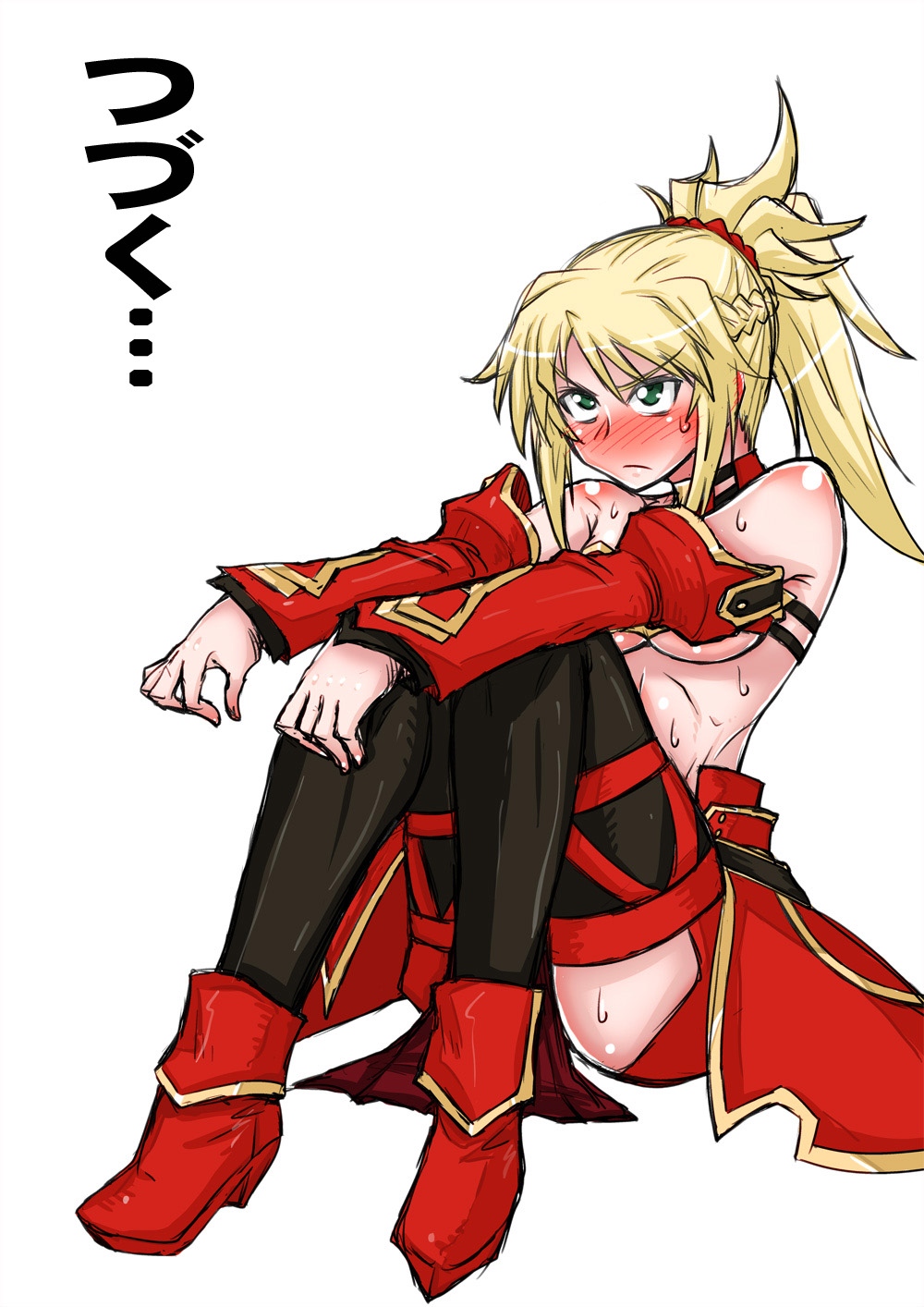 1girl bare_shoulders blonde_hair blush braid collar colored fate/grand_order fate_(series) full-face_blush green_eyes hair_ornament highres mitsurugi_tsurugi ponytail red_clothes red_shoes saber_of_red shoes sitting sweat tagme text translation_request