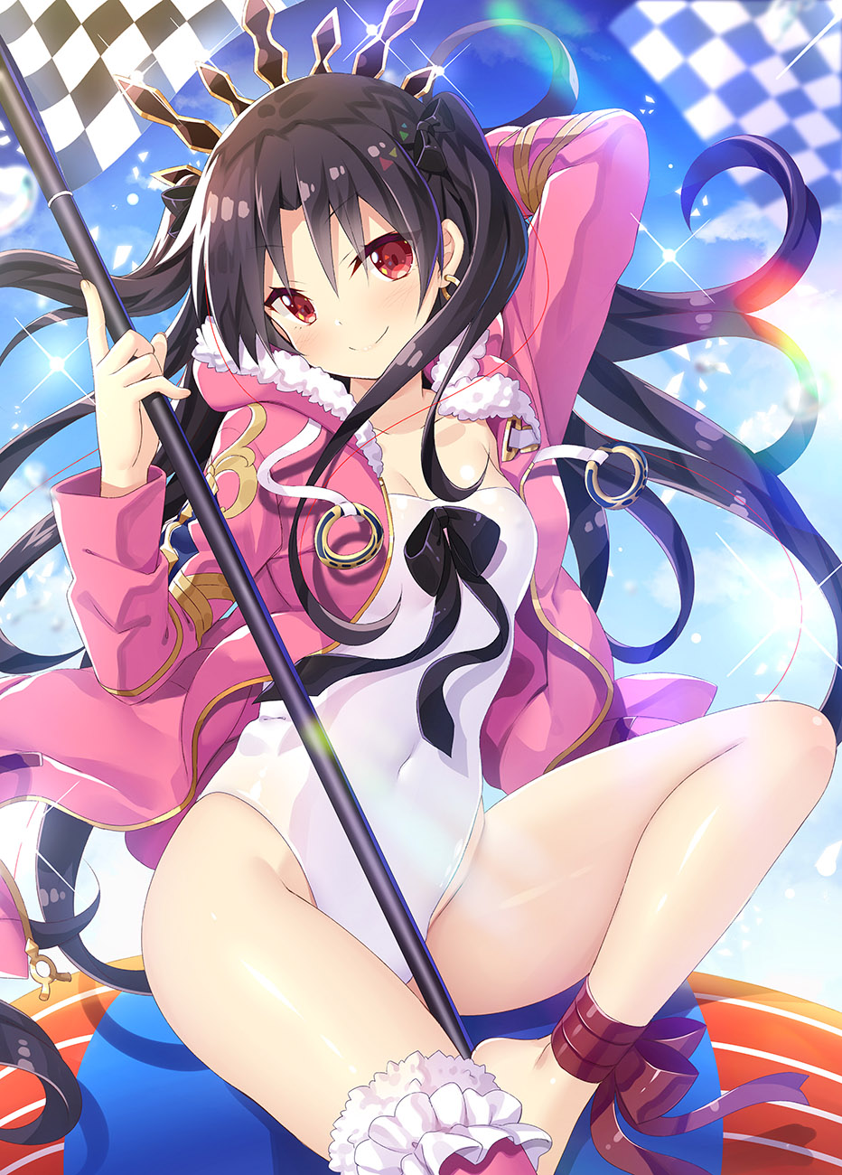 1girl ankle_ribbon arm_up bangs between_legs black_bow black_hair blush bow breasts brown_ribbon checkered checkered_flag closed_mouth commentary_request covered_navel crown eyebrows_visible_through_hair fate/grand_order fate_(series) frilled_legwear frills fur-trimmed_legwear fur_trim hair_bow hand_up highres holding_flag hood hoodie ishtar_(swimsuit_rider)_(fate) long_hair looking_at_viewer medium_breasts one-piece_swimsuit open_clothes open_hoodie pink_legwear red_eyes ribbon sidelocks single_thighhigh sitting smile solo swimsuit thigh-highs thighs tsurime two_side_up white_swimsuit yano_mitsuki