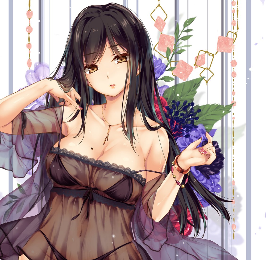 1girl bangle bangs bare_shoulders black_bra black_hair black_panties bra bracelet breasts brown_eyes cleavage collarbone commentary_request eyebrows_visible_through_hair floral_background flower front-tie_top head_tilt jewelry lace large_breasts long_hair looking_at_viewer mole mole_on_breast moneti_(daifuku) nail_polish navel necklace original panties parted_lips pink_nails see-through short_sleeves solo strap_pull strap_slip underwear upper_body wide_sleeves