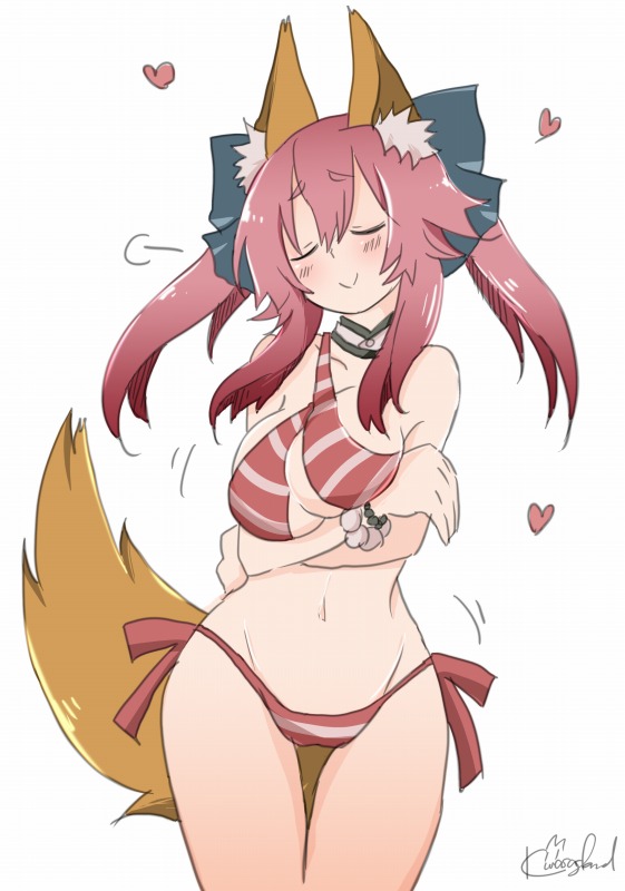 1girl animal_ears bikini blush breasts cleavage closed_eyes cosplay fate/extra fate/grand_order fate_(series) fox_ears fox_tail groin hair_ribbon heart kasagland large_breasts long_hair midriff navel nero_claudius_(swimsuit_caster)_(fate) nero_claudius_(swimsuit_caster)_(fate)_(cosplay) pink_hair ribbon simple_background smile solo striped striped_bikini swimsuit tail tamamo_(fate)_(all) tamamo_no_mae_(fate) twintails white_background
