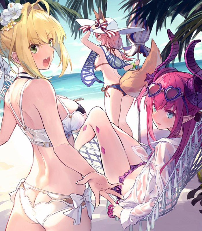 10s 3girls :d ahoge animal_ears arm_up ass beach beach_umbrella bikini blonde_hair blue_bikini blue_eyes blue_sky bow breasts butt_crack day elizabeth_bathory_(fate) elizabeth_bathory_(fate)_(all) eyebrows_visible_through_hair fate/extra fate/extra_ccc fate/grand_order fate_(series) flower fox_ears fox_tail from_behind green_eyes hair_flower hair_intakes hair_ornament hair_ribbon hammock hand_on_headwear hat hat_bow heart-shaped_sunglasses horns large_breasts looking_at_viewer looking_back multiple_girls nero_claudius_(bride)_(fate) nero_claudius_(fate)_(all) open_clothes open_mouth open_shirt outdoors outstretched_arms outstretched_hand pink_bikini pink_hair pointy_ears reclining ribbon shirt side-tie_bikini sideboob sky small_breasts smile strap_gap sun_hat sunglasses sunglasses_on_head supertie swimsuit tail tamamo_(fate)_(all) tamamo_no_mae_(swimsuit_lancer)_(fate) towel umbrella white_bikini zipper