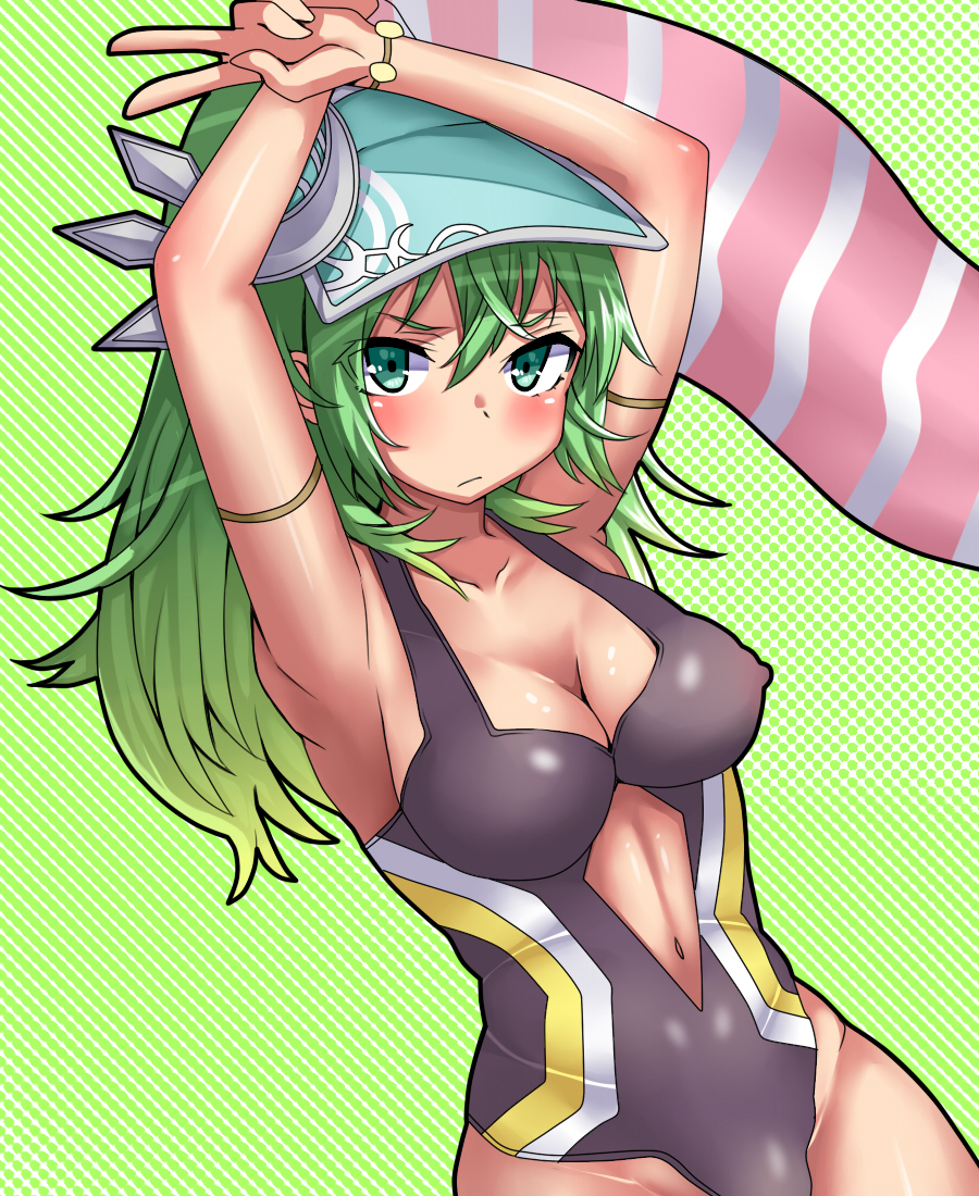1girl arms_up artemis_(p&amp;d) breasts center_opening cleavage green_eyes green_hair kukkumann long_hair navel one-piece_swimsuit ponytail puzzle_&amp;_dragons solo swimsuit v