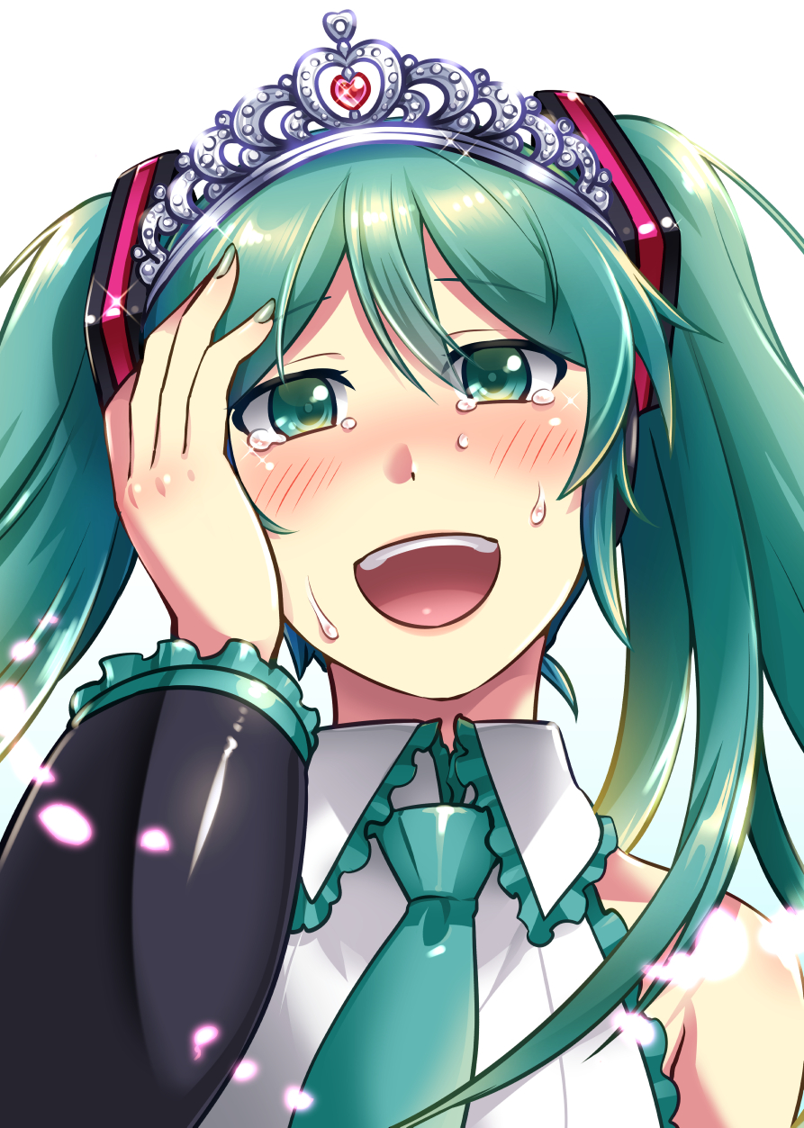 1girl aqua_eyes aqua_hair blush caffein crying crying_with_eyes_open detached_sleeves happy happy_tears hatsune_miku headphones headset highres jewelry long_hair necktie open_mouth sleeveless smile solo tears tiara twintails very_long_hair vocaloid