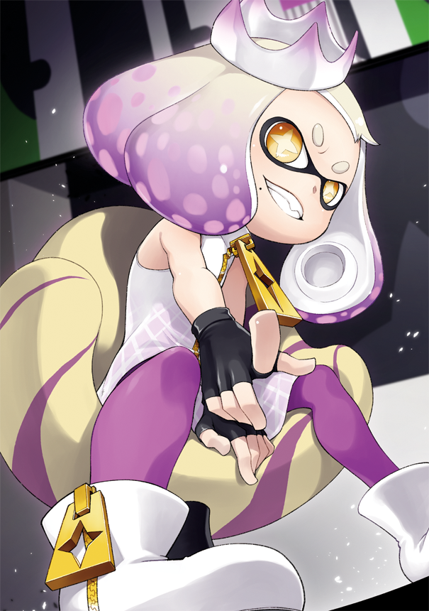 +_+ 1girl :d bare_shoulders chair crown domino_mask dress fang fingerless_gloves full_body gloves gradient_hair hayashi_keita hime_(splatoon) looking_at_viewer mask mole mole_under_mouth multicolored_hair open_mouth pantyhose pink_hair pink_legwear pointing pointing_at_viewer short_eyebrows short_hair sitting smile solo splatoon splatoon_2 symbol-shaped_pupils teeth two-tone_hair white_hair yellow_eyes zipper