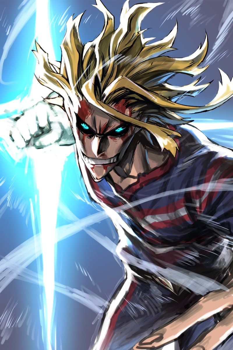 1boy all_might attack blonde_hair blood blood_from_mouth blood_on_face blue_eyes boku_no_hero_academia clenched_hand clenched_teeth glowing glowing_eyes glowing_hand highres kyo-ani_love looking_at_viewer short_hair smile solo teeth wind