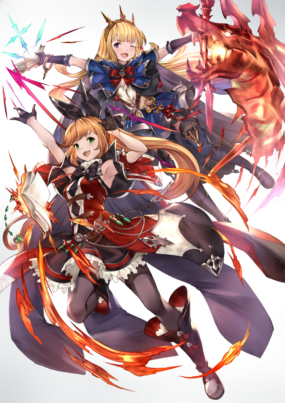 10s 2girls ;d \m/ armpits arms_up bangs belt black_boots black_gloves black_legwear blonde_hair blush book boots bow bracelet cagliostro_(granblue_fantasy) cape clarisse_(granblue_fantasy) crown fang fingerless_gloves gloves granblue_fantasy green_eyes hair_ribbon hairband half_gloves heart highres jewelry long_hair looking_at_viewer multiple_girls one_eye_closed open_mouth outstretched_arms pak_ce ponytail ribbon simple_background skirt smile test_tube thigh-highs thigh_boots violet_eyes white_background zettai_ryouiki