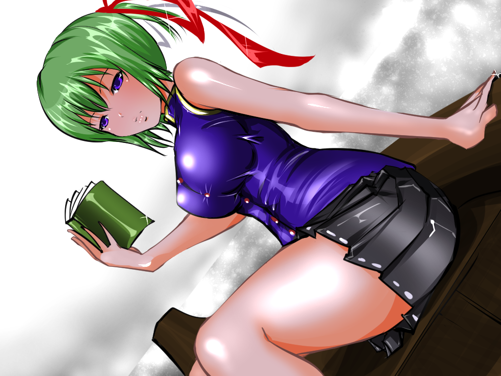 1girl alternate_breast_size alternate_hairstyle arm_support bangs bare_arms bare_shoulders black_skirt blue_eyes blue_vest book breasts dutch_angle green_hair hair_ribbon jaja large_breasts looking_at_viewer open_book red_ribbon ribbon shiki_eiki short_hair short_ponytail sitting skirt sleeveless solo touhou vest white_ribbon