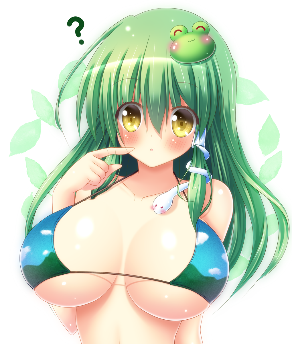 1girl :3 ? bare_shoulders bikini blush breasts breasts_apart collarbone commentary_request eyes_visible_through_hair finger_to_face frog_hair_ornament green_hair hair_ornament highres huge_breasts kochiya_sanae long_hair looking_at_viewer osashin_(osada) snake_hair_ornament solo strap_gap swimsuit touhou upper_body yellow_eyes