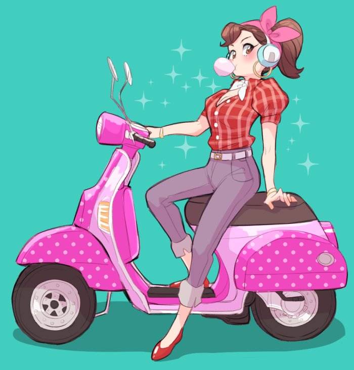 1girl belt blue_background blush breasts brown_hair bubble chewing_gum cleavage collared_shirt cruiser_d.va d.va_(overwatch) denim earrings full_body ground_vehicle hairband headphones hoop_earrings jeans jewelry jocheong looking_at_viewer motor_vehicle overwatch pants plaid plaid_shirt polka_dot ponytail puffy_short_sleeves puffy_sleeves scooter shirt short_sleeves simple_background sitting slippers solo sparkle vehicle