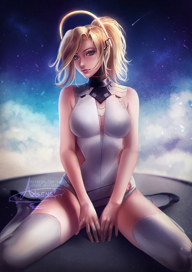 1girl alexandra_mae alternate_legwear blonde_hair blue_eyes breasts center_opening cleavage full_body high_collar lips long_hair looking_at_viewer mechanical_halo medium_breasts mercy_(overwatch) nose one-piece_swimsuit overwatch ponytail sitting solo star starry_background swimsuit thigh-highs wariza white_legwear