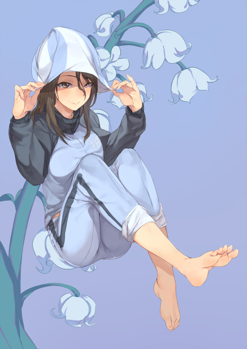 1girl adjusting_clothes adjusting_hat barefoot blue_background blue_jacket blue_pants breasts brown_hair feet floral_background flower full_body girls_und_panzer hat jacket kabotya_to_rantan keizoku_military_uniform knees_up lily_of_the_valley long_hair long_sleeves looking_at_viewer medium_breasts mika_(girls_und_panzer) military military_uniform pants pants_rolled_up sitting smile soles solo striped striped_pants toes two-tone_jacket uniform violet_eyes white_hat