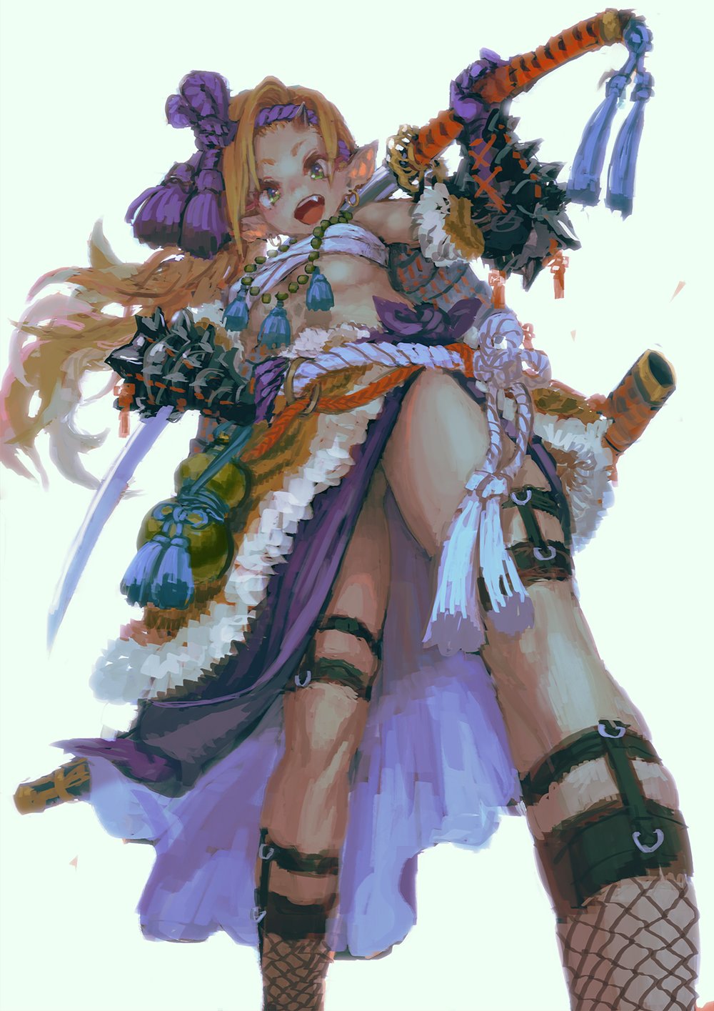 1girl :d arm_armor breasts fang fishnet_legwear fishnets floating_hair from_ground gloves headband highres holding holding_sword holding_weapon jewelry jon_taira katana long_hair looking_at_viewer looking_down medium_breasts necklace oni oni_horns open_clothes open_mouth open_skirt orange_hair over_shoulder pink_skirt pointy_ears sarashi sheath simple_background skirt smile solo sword unsheathed weapon weapon_over_shoulder white_background