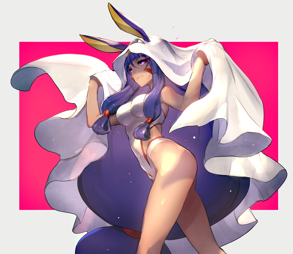 1girl animal_ears bangs bare_legs blunt_bangs breasts dark_skin egyptian facial_mark fate/grand_order fate_(series) from_side hair_between_eyes long_hair looking_at_viewer looking_to_the_side medium_breasts nitocris_(fate/grand_order) nitocris_(swimsuit_assassin)_(fate) one-piece_swimsuit oro_(sumakaita) pink_eyes purple_hair smile solo swimsuit thighs very_long_hair