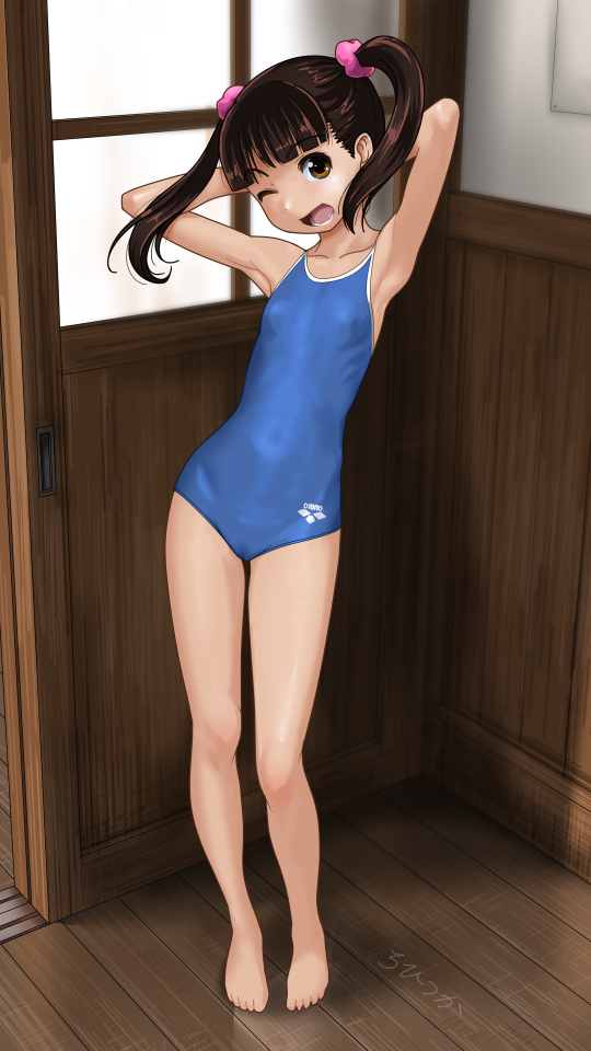 1girl arena_(company) armpits arms_behind_head arms_up artist_name barefoot blue_swimsuit brown_eyes brown_hair competition_school_swimsuit covered_navel door flat_chest full_body indoors logo long_hair open_mouth original ribs rohitsuka school_swimsuit solo swimsuit teeth