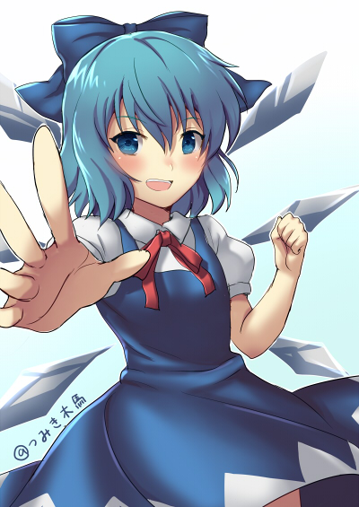 1girl artist_name blue_dress blue_eyes blue_hair cirno clenched_hand dress hair_ribbon ice ice_wings open_hand open_mouth puffy_short_sleeves puffy_sleeves ribbon short_sleeves signature smile solo touhou tsumiki_mokuba wings