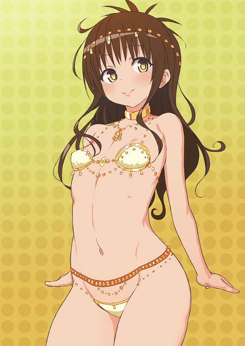 1girl bikini breasts brown_eyes brown_hair choker fuchi_(touo) gradient gradient_background harem_outfit headdress jewelry long_hair midriff navel necklace small_breasts smile solo standing swimsuit to_love-ru yuuki_mikan